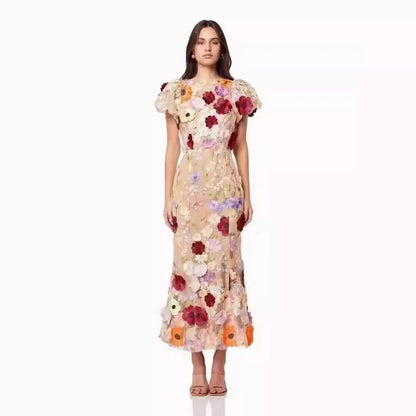 LVSANW Women Puff Sleeved Embroidered Flower Long Dresses Fashion O-neck Mesh Bodycon Dress 2024 New Summer Lady Party Beach Vestidos