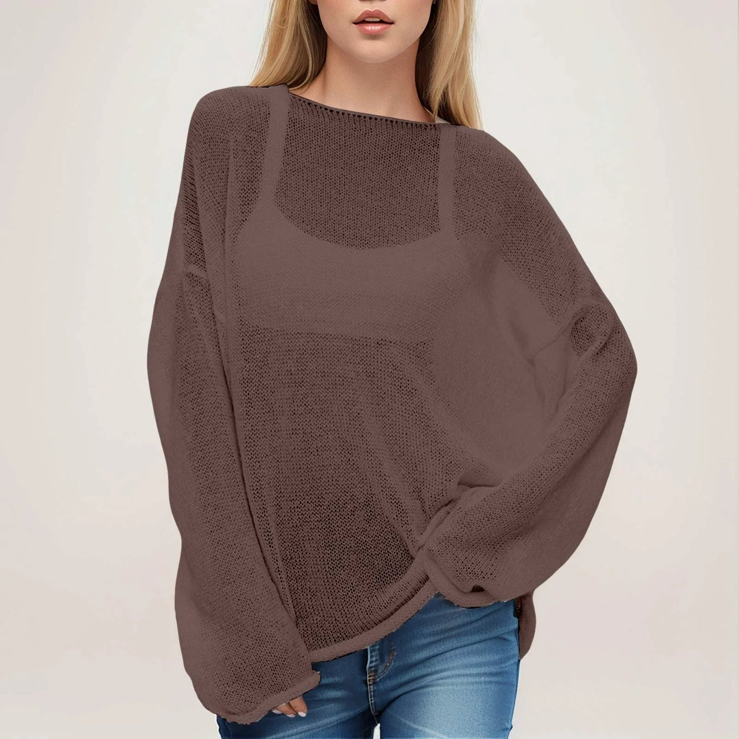 LVSANW Women'S Casual Solid Knit Shirt Hollow Out Round Neck Pullover Sweater Female Large Size Thin Flared Sleeve Knitted Cover-Ups