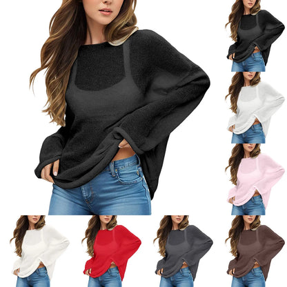 LVSANW Women'S Casual Solid Knit Shirt Hollow Out Round Neck Pullover Sweater Female Large Size Thin Flared Sleeve Knitted Cover-Ups