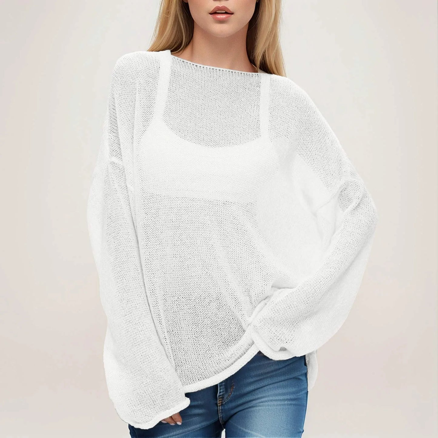 LVSANW Women'S Casual Solid Knit Shirt Hollow Out Round Neck Pullover Sweater Female Large Size Thin Flared Sleeve Knitted Cover-Ups