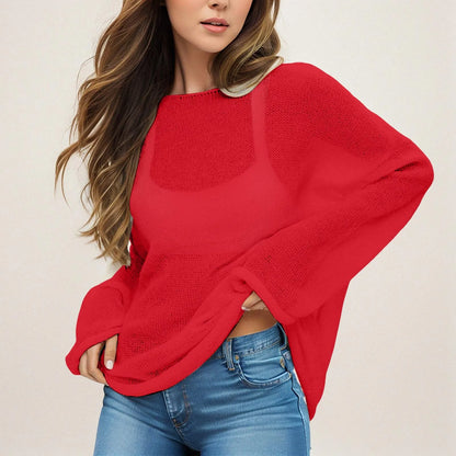 LVSANW Women'S Casual Solid Knit Shirt Hollow Out Round Neck Pullover Sweater Female Large Size Thin Flared Sleeve Knitted Cover-Ups