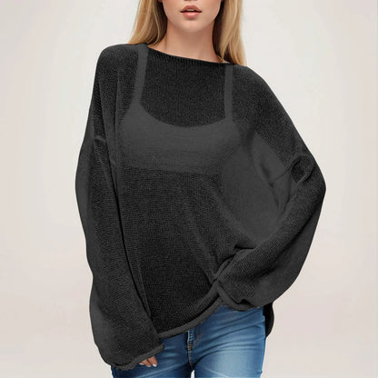 LVSANW Women'S Casual Solid Knit Shirt Hollow Out Round Neck Pullover Sweater Female Large Size Thin Flared Sleeve Knitted Cover-Ups