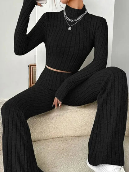 LVSANW Women'S Stand Collar Knit Striped Long Sleeve T-Shirt And Pants Two Piece Set