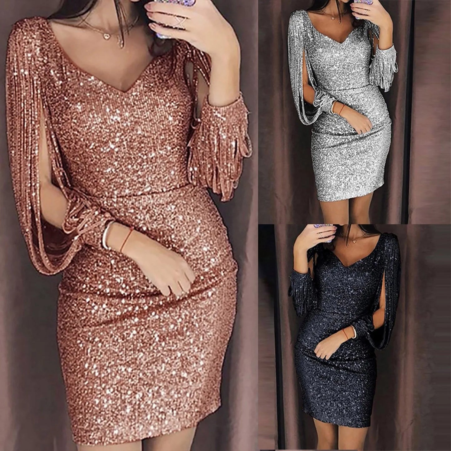 LVSANW Women Sequin Dresses Glitter Sparkle Sexy V Neck Summer Short Dress Tassel Shining Club Sheath Long Sleeve Mini Dress for Party