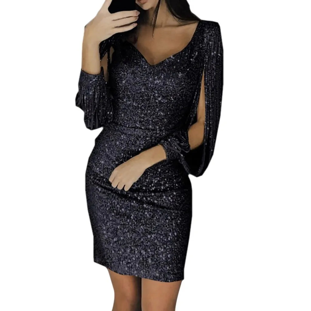 LVSANW Women Sequin Dresses Glitter Sparkle Sexy V Neck Summer Short Dress Tassel Shining Club Sheath Long Sleeve Mini Dress for Party