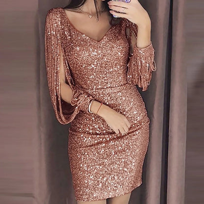 LVSANW Women Sequin Dresses Glitter Sparkle Sexy V Neck Summer Short Dress Tassel Shining Club Sheath Long Sleeve Mini Dress for Party