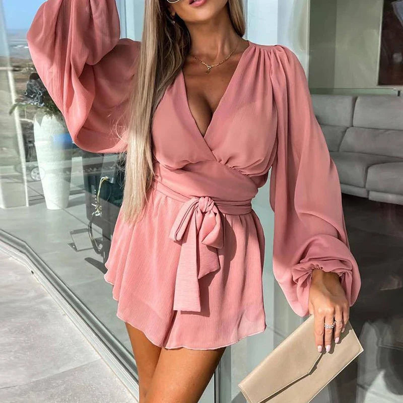 LVSANW Women Sexy Deep V Neck Hollow Party Dress Spring Solid Lace-up Pleated Mini Dress Autumn Lantern Long Sleeve Office Lady Dresses