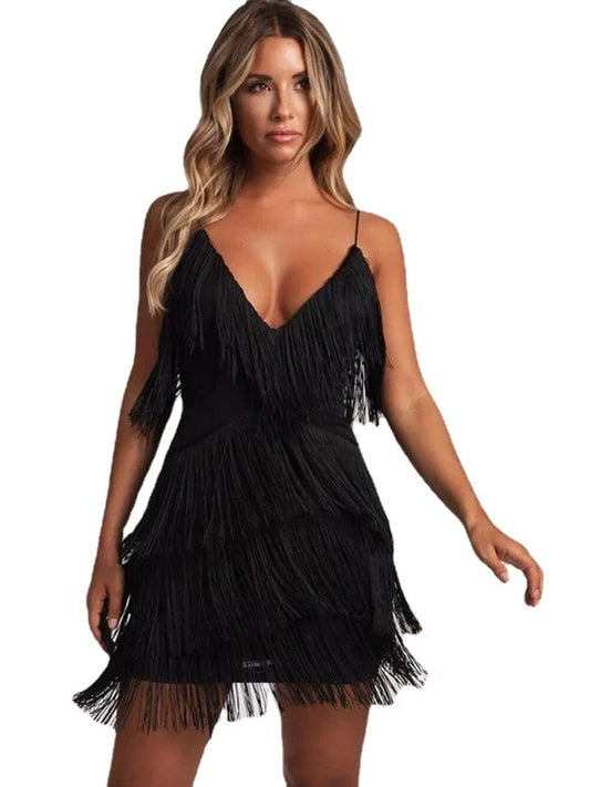 LVSANW Women Sexy Deep V-Neck Spaghetti Straps Fringe Bodycon Mini Dress Tassels 1920s Gatsby Cocktail Latin Club Party Dresses