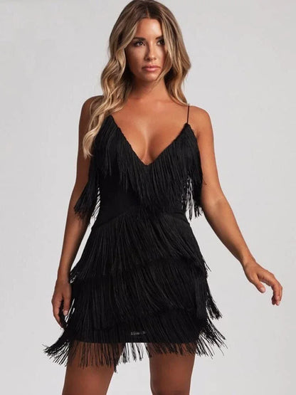 LVSANW Women Sexy Deep V-Neck Spaghetti Straps Fringe Bodycon Mini Dress Tassels 1920s Gatsby Cocktail Latin Club Party Dresses