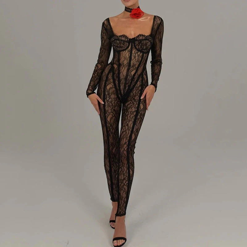 LVSANW Women Sexy Mesh See Through Jumpsuits  Elegant Hight Waist Solid Club Party Rompers Casual Long Sleeves Slim Fit Long Playsuits