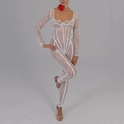 LVSANW Women Sexy Mesh See Through Jumpsuits  Elegant Hight Waist Solid Club Party Rompers Casual Long Sleeves Slim Fit Long Playsuits