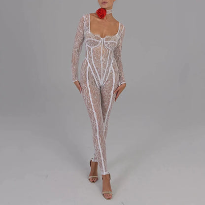 LVSANW Women Sexy Mesh See Through Jumpsuits  Elegant Hight Waist Solid Club Party Rompers Casual Long Sleeves Slim Fit Long Playsuits