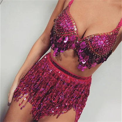 LVSANW Women Sexy Skirt Scarf Wrap Belt Glitter Sequin Tassel Hip Scarf Skirts Undress Belly Dance Hip Tutu Skirt Female Clothing