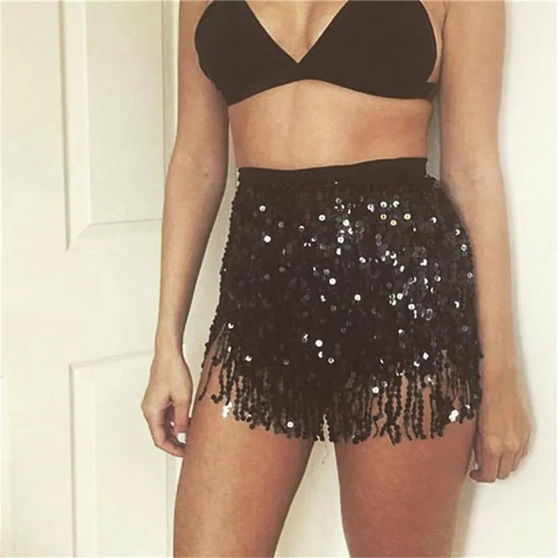 LVSANW Women Sexy Skirt Scarf Wrap Belt Glitter Sequin Tassel Hip Scarf Skirts Undress Belly Dance Hip Tutu Skirt Female Clothing