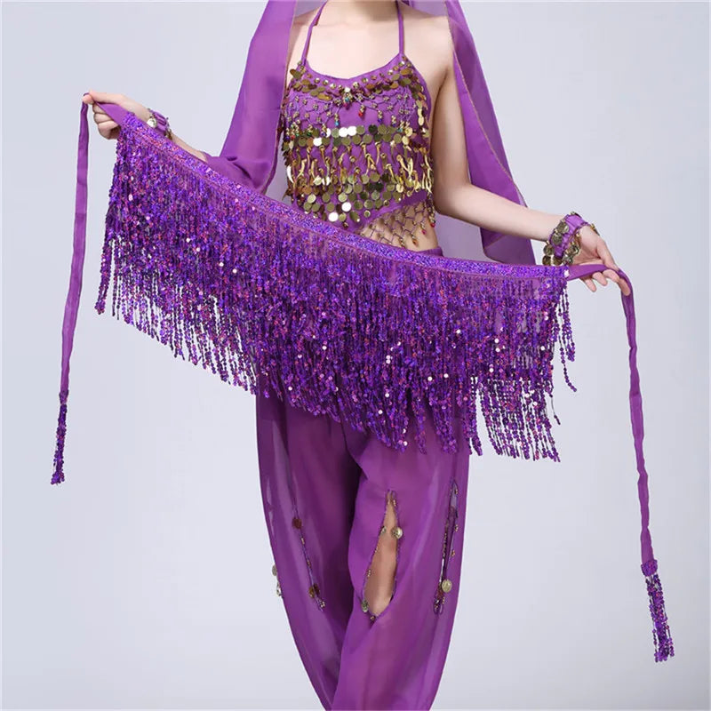 LVSANW Women Sexy Skirt Scarf Wrap Belt Glitter Sequin Tassel Hip Scarf Skirts Undress Belly Dance Hip Tutu Skirt Female Clothing