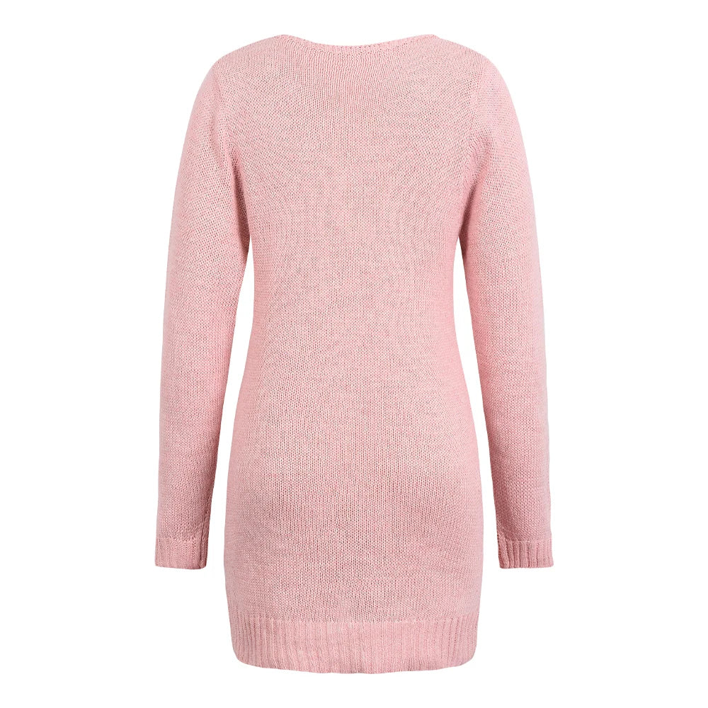 LVSANW Women Sexy Slim Fit Knitted Sweater Dress Spring New V-neck Zip Long Sleeve Pullover Jumper Solid Casual Lady Mini Party Dresses