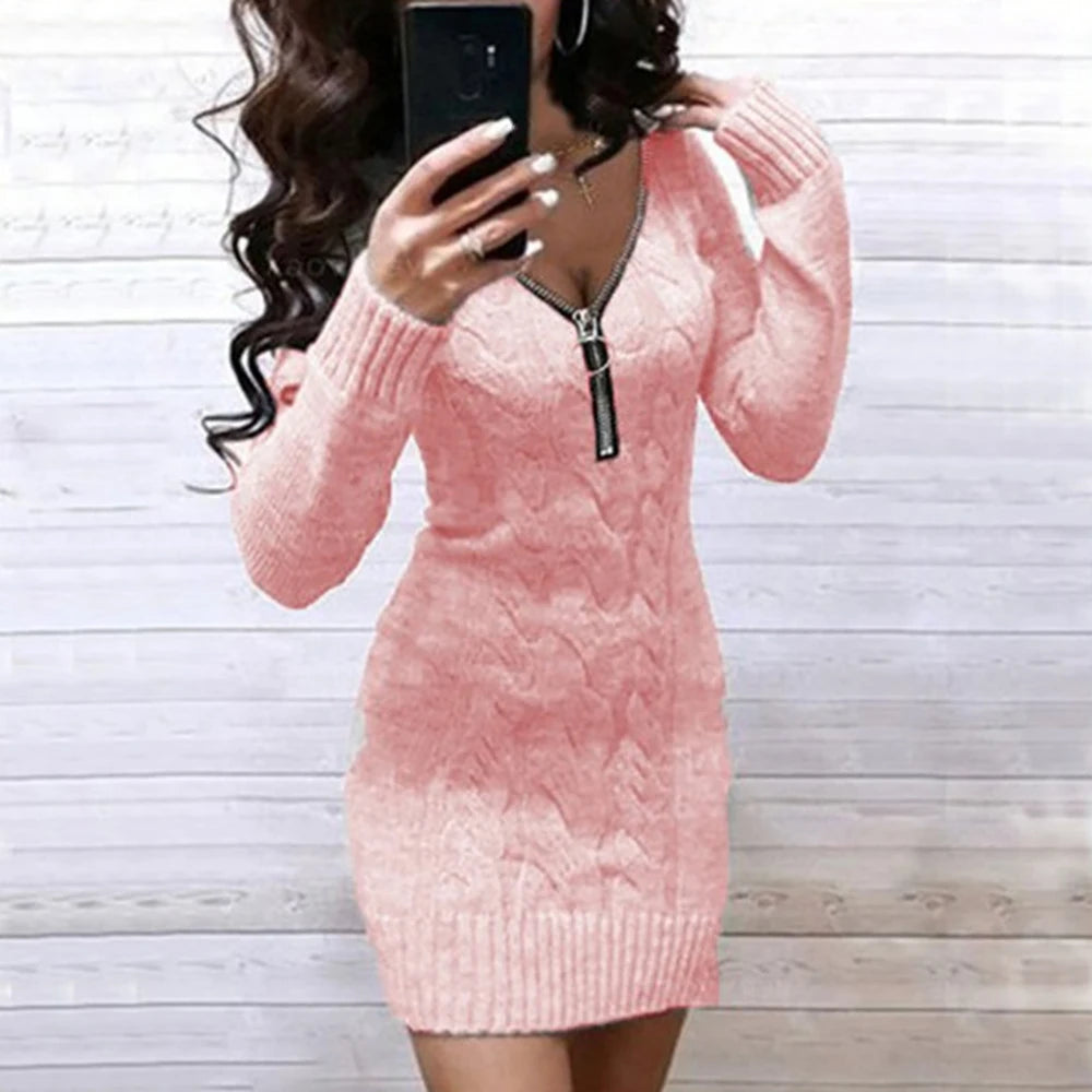 LVSANW Women Sexy Slim Fit Knitted Sweater Dress Spring New V-neck Zip Long Sleeve Pullover Jumper Solid Casual Lady Mini Party Dresses