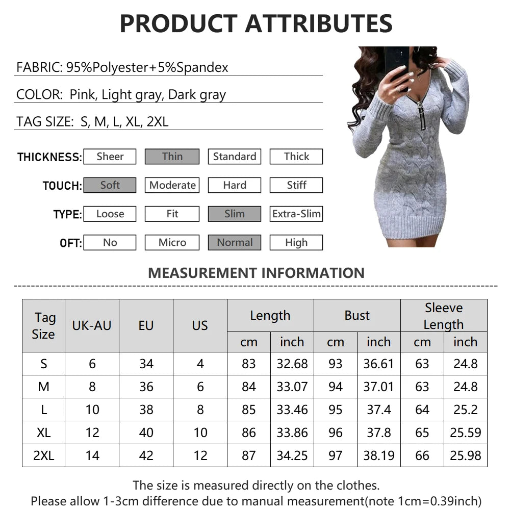 LVSANW Women Sexy Slim Fit Knitted Sweater Dress Spring New V-neck Zip Long Sleeve Pullover Jumper Solid Casual Lady Mini Party Dresses