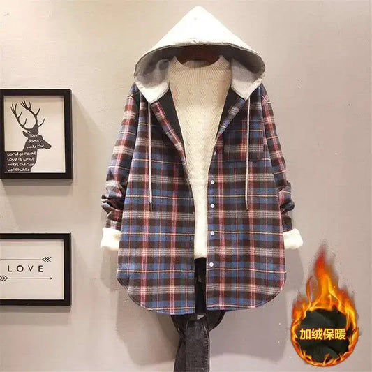 LVSANW Women Shirt Blouse Winter Hooded Plaid Shirt Baggy Coat Blusas Ropa De Mujer