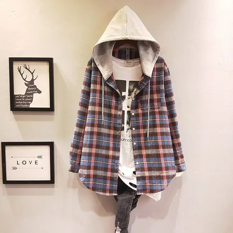 LVSANW Women Shirt Blouse Winter Hooded Plaid Shirt Baggy Coat Blusas Ropa De Mujer