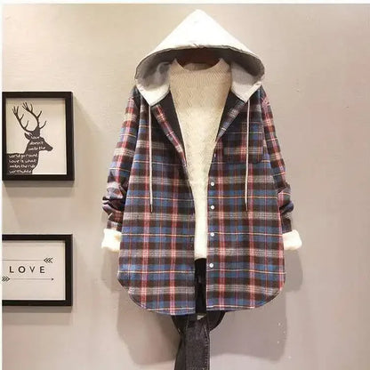 LVSANW Women Shirt Blouse Winter Hooded Plaid Shirt Baggy Coat Blusas Ropa De Mujer