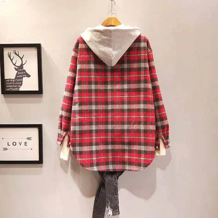 LVSANW Women Shirt Blouse Winter Hooded Plaid Shirt Baggy Coat Blusas Ropa De Mujer