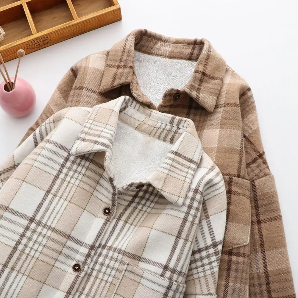 LVSANW Women Shirt Lapel Long Sleeves Patch Pocket Coat Single Breasted Woolen Cardigan Thickened Fluffy Lining Plaid Print Outerwear