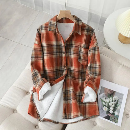 LVSANW Women Shirt Lapel Long Sleeves Patch Pocket Coat Single Breasted Woolen Cardigan Thickened Fluffy Lining Plaid Print Outerwear