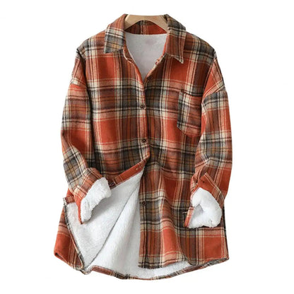 LVSANW Women Shirt Lapel Long Sleeves Patch Pocket Coat Single Breasted Woolen Cardigan Thickened Fluffy Lining Plaid Print Outerwear