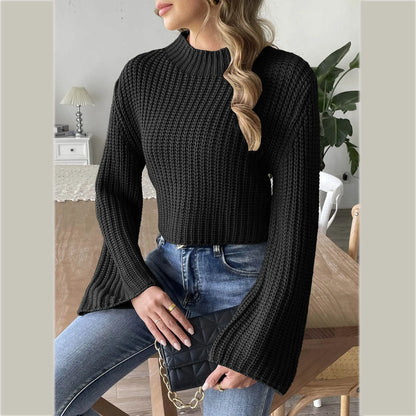 LVSANW Women Short Cropped Top Woven Sweater Autumn Winter Bell Sleeve Half Turtleneck Pullover Oversized Pullover Sudaderas De Mujer