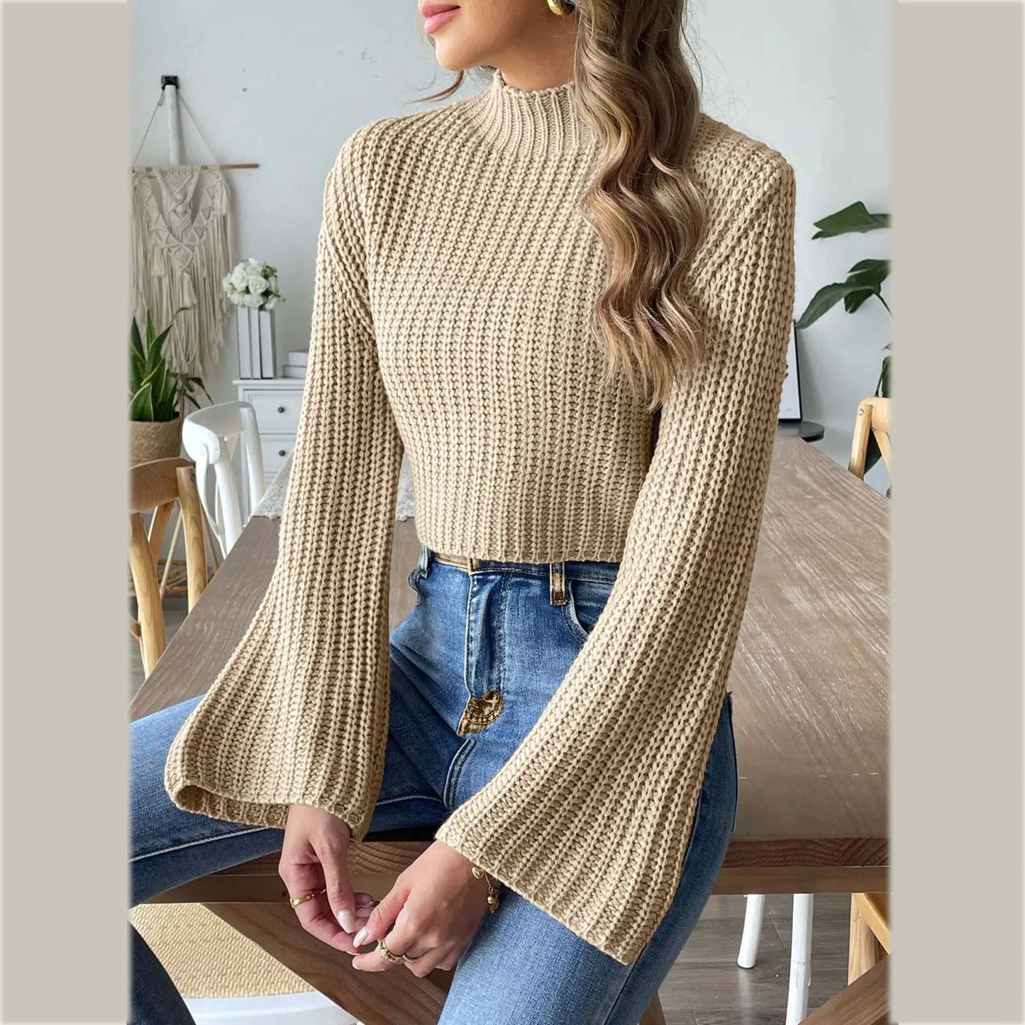 LVSANW Women Short Cropped Top Woven Sweater Autumn Winter Bell Sleeve Half Turtleneck Pullover Oversized Pullover Sudaderas De Mujer