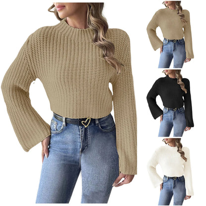 LVSANW Women Short Cropped Top Woven Sweater Autumn Winter Bell Sleeve Half Turtleneck Pullover Oversized Pullover Sudaderas De Mujer