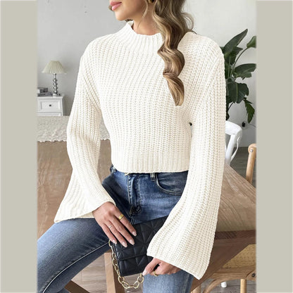 LVSANW Women Short Cropped Top Woven Sweater Autumn Winter Bell Sleeve Half Turtleneck Pullover Oversized Pullover Sudaderas De Mujer