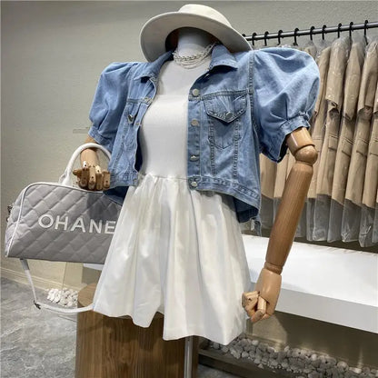 LVSANW omen Short Denim Jacket Autumn  Puff Sleeve Crop Top