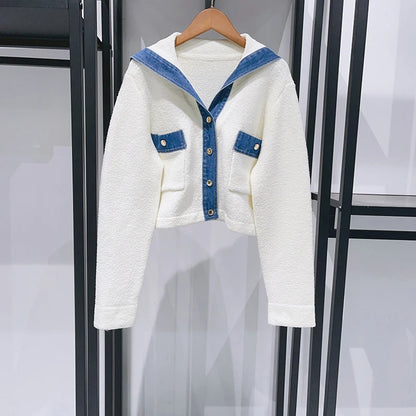 LVSANW Women Short Sweater Coat Sailor Collar Denim Spliced 2025 Early Spring Lady Single Breasted Knit Cardigan