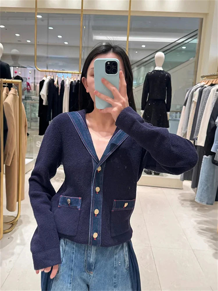 LVSANW Women Short Sweater Coat Sailor Collar Denim Spliced 2025 Early Spring Lady Single Breasted Knit Cardigan