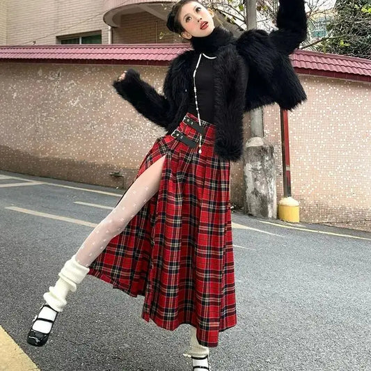 LVSANW Women Skirt Pattern Long Buckled Pleated Skirt Sexy Wrap Belt Slit Skirt Retro Street Style Red Plaid A- line Long Skirt Spring