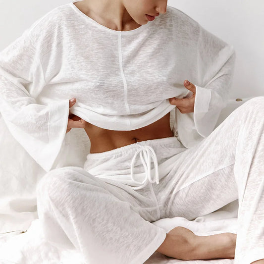 LVSANW Women Sleepwear Sexy White Fashionable Long Sleeved Pants and Pajamas Two-piece Wholesale Women's Home Clothing Pijama 란제리