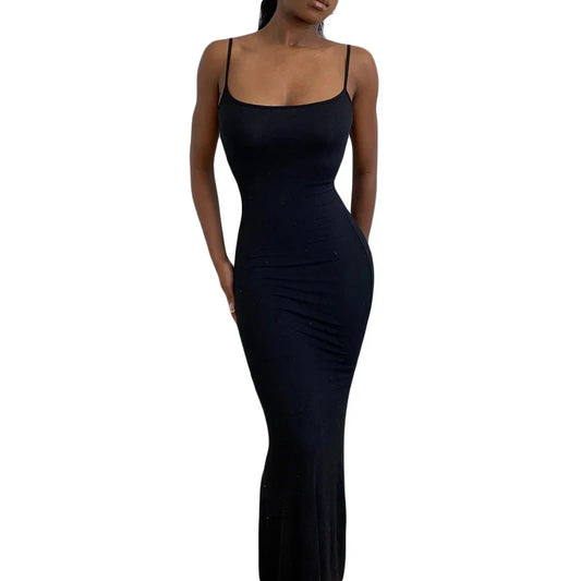 LVSANW Women Sleeveless Long Bodycon Fish Tail Dresses Sexy Elegant Spaghetti Strap Solid Color Cocktail Party Dress