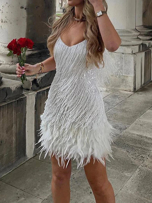 LVSANW Women Sling Sequined  Evening Dress Luxury Sleeveless V Neck Tassels Feather Club Party Summer Short Dress vestidos para mujer