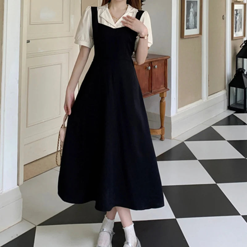 LVSANW Women Spliced Aesthetic Evening Banquet Dress Lady Classic Slim Fit Designer Dress Female Sweet Korean Daily Streetwear Dress