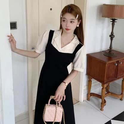 LVSANW Women Spliced Aesthetic Evening Banquet Dress Lady Classic Slim Fit Designer Dress Female Sweet Korean Daily Streetwear Dress