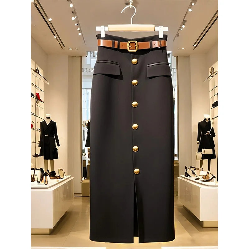 LVSANW Women Spring Autumn Korean Office Lady All-match Buttons Skirt Women Clothing Simplicity Solid Black Elegant High Waist A-lin