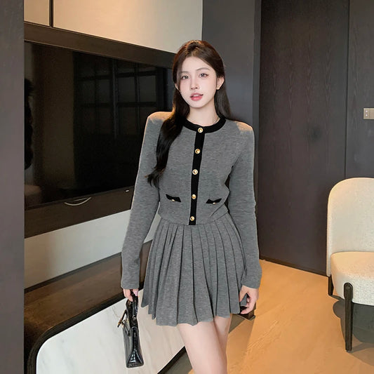 LVSANW Women Spring Autumn Sweet Knit Matching Sets Japan Korean Preppy Style Thin Sweater Cardigan Mini Skirts Outfits Coat Skirt Suit