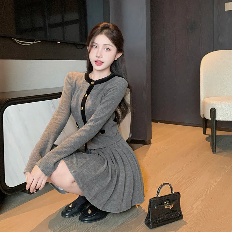 LVSANW Women Spring Autumn Sweet Knit Matching Sets Japan Korean Preppy Style Thin Sweater Cardigan Mini Skirts Outfits Coat Skirt Suit