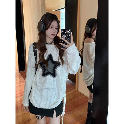 LVSANW Women Spring Summer Fashion Loose Hollow Out Hole Solid Color O-neck Long Sleeve T-Shirt Ladies Sweet All-match Casual Tops