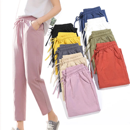 LVSANW Women Spring Summer Pants Cotton Solid Elastic Waist Candy Colors Fashion Harem Trousers Casual Female Pants