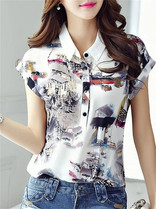 LVSANW Women Spring Summer Style Chiffon Blouses Shirt Lady Casual Short Sleeve Turn-down Collar Printed Casual Loose Tops DF3548