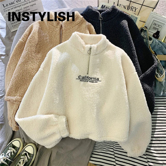 LVSANW Women Stand Neck Fleece Cropped Hoodies Autumn Letter Embroidery Long Sleeve Drawstring Sweatshirt Elegant Plush Velvet Tops