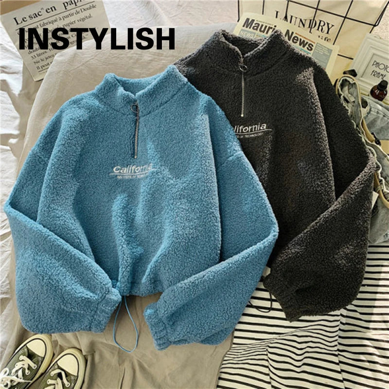 LVSANW Women Stand Neck Fleece Cropped Hoodies Autumn Letter Embroidery Long Sleeve Drawstring Sweatshirt Elegant Plush Velvet Tops